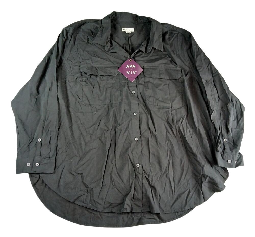 Ava & Viv Shirt Womens 2X Black Button Up Cotton Blend Business Casual NWT